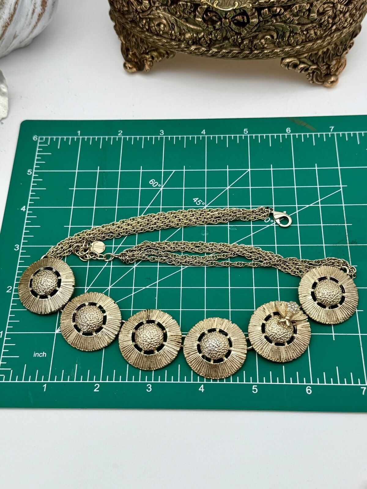 Vintage Bee Necklace with Round Disks & Rhinestone Honey Bee - Gold Tone