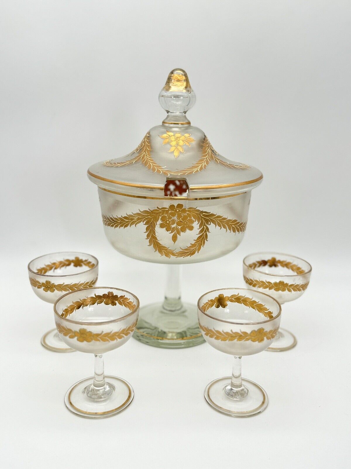 French ANTIQUE Style Opaque Glass Compote Dessert Service 6 Pieces Hand Painted
