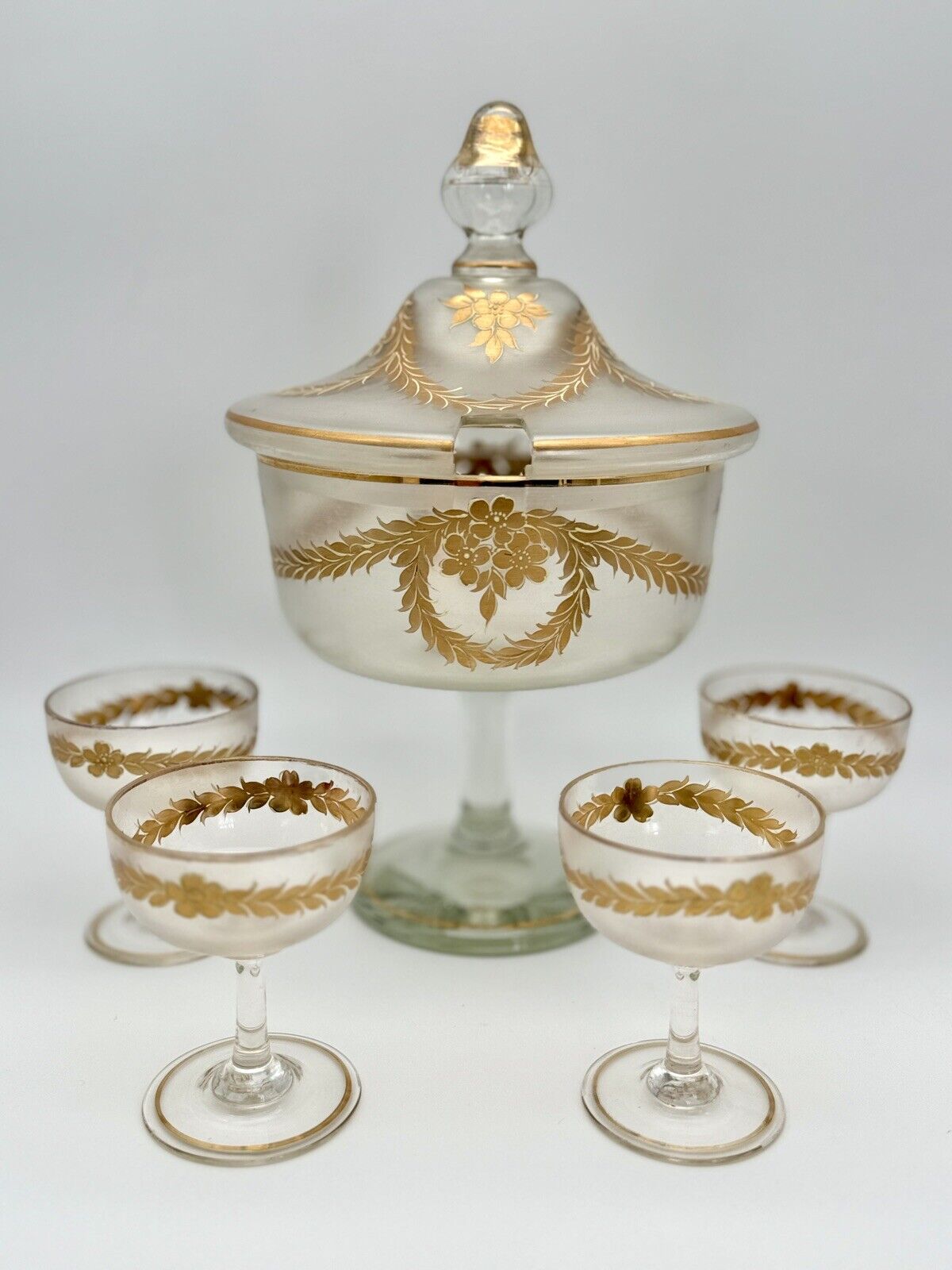 French ANTIQUE Style Opaque Glass Compote Dessert Service 6 Pieces Hand Painted