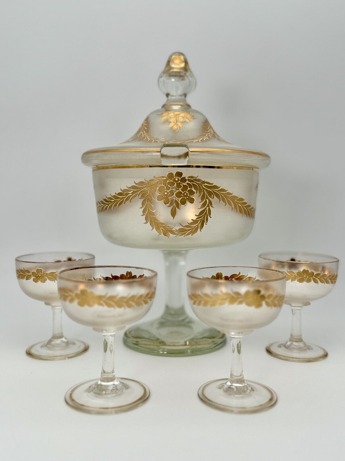 French ANTIQUE Style Opaque Glass Compote Dessert Service 6 Pieces Hand Painted
