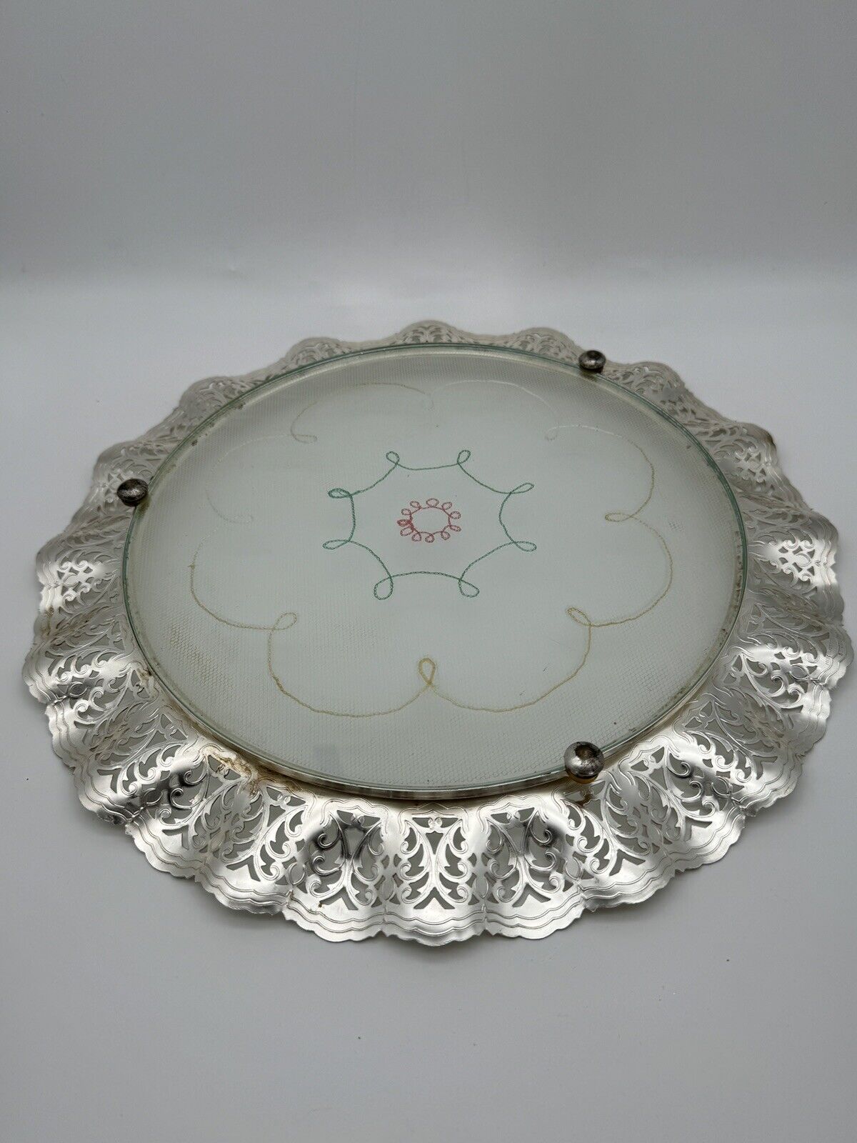 Silver Plate Cake Glass Tray a True Vintage Shabby Chic Metal Openwork With Lace Work