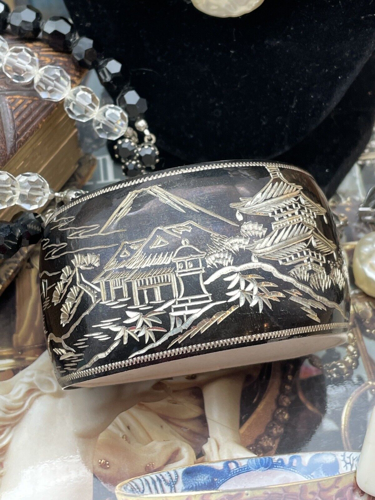 STERLING 950 Damascene Black Pagoda Silver Vintage Cuff Bracelet EXQUISITE SIGNED