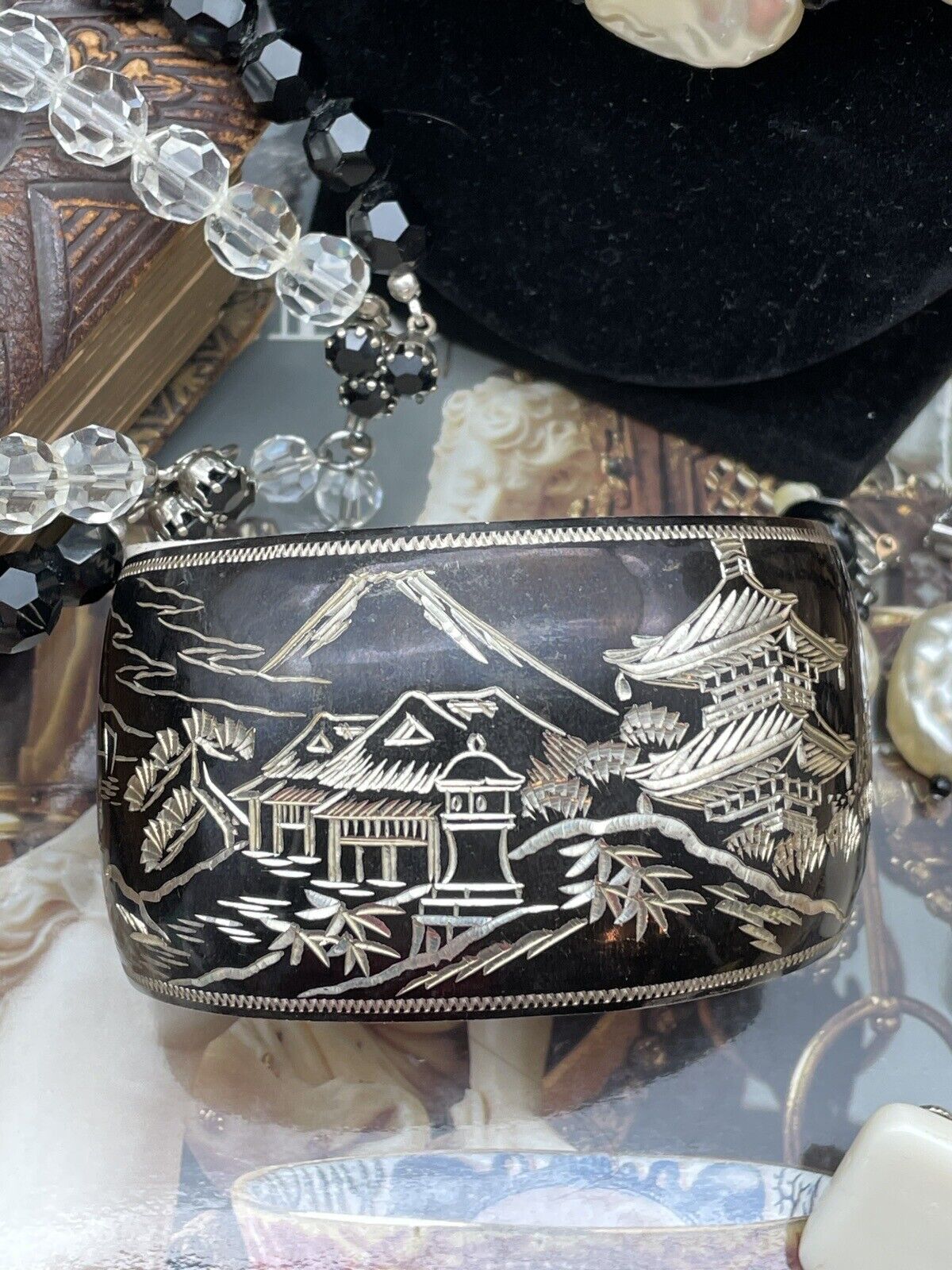 STERLING 950 Damascene Black Pagoda Silver Vintage Cuff Bracelet EXQUISITE SIGNED