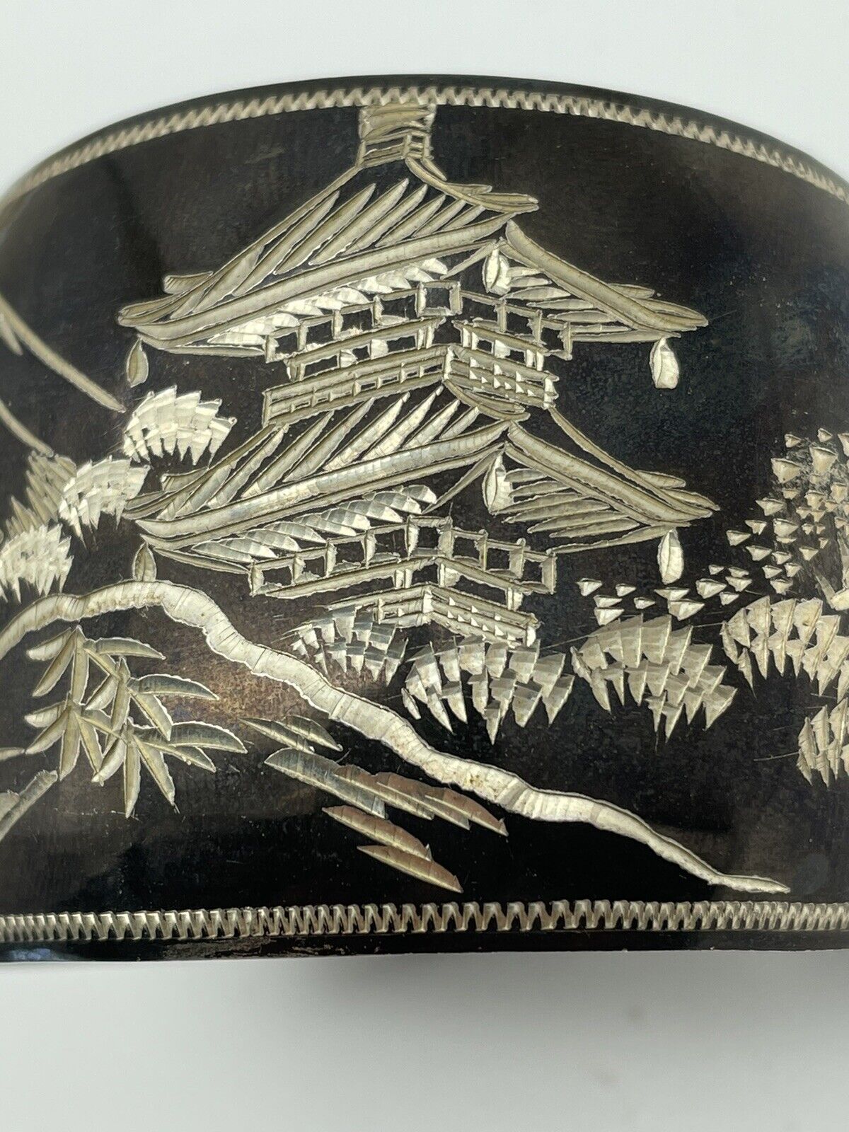 STERLING 950 Damascene Black Pagoda Silver Vintage Cuff Bracelet EXQUISITE SIGNED