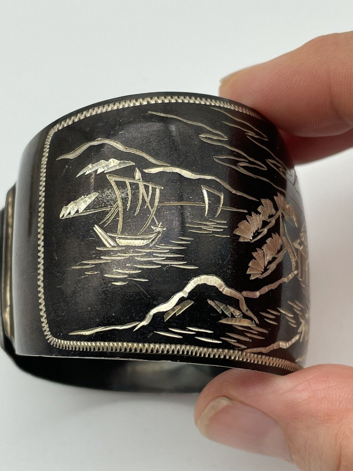 STERLING 950 Damascene Black Pagoda Silver Vintage Cuff Bracelet EXQUISITE SIGNED