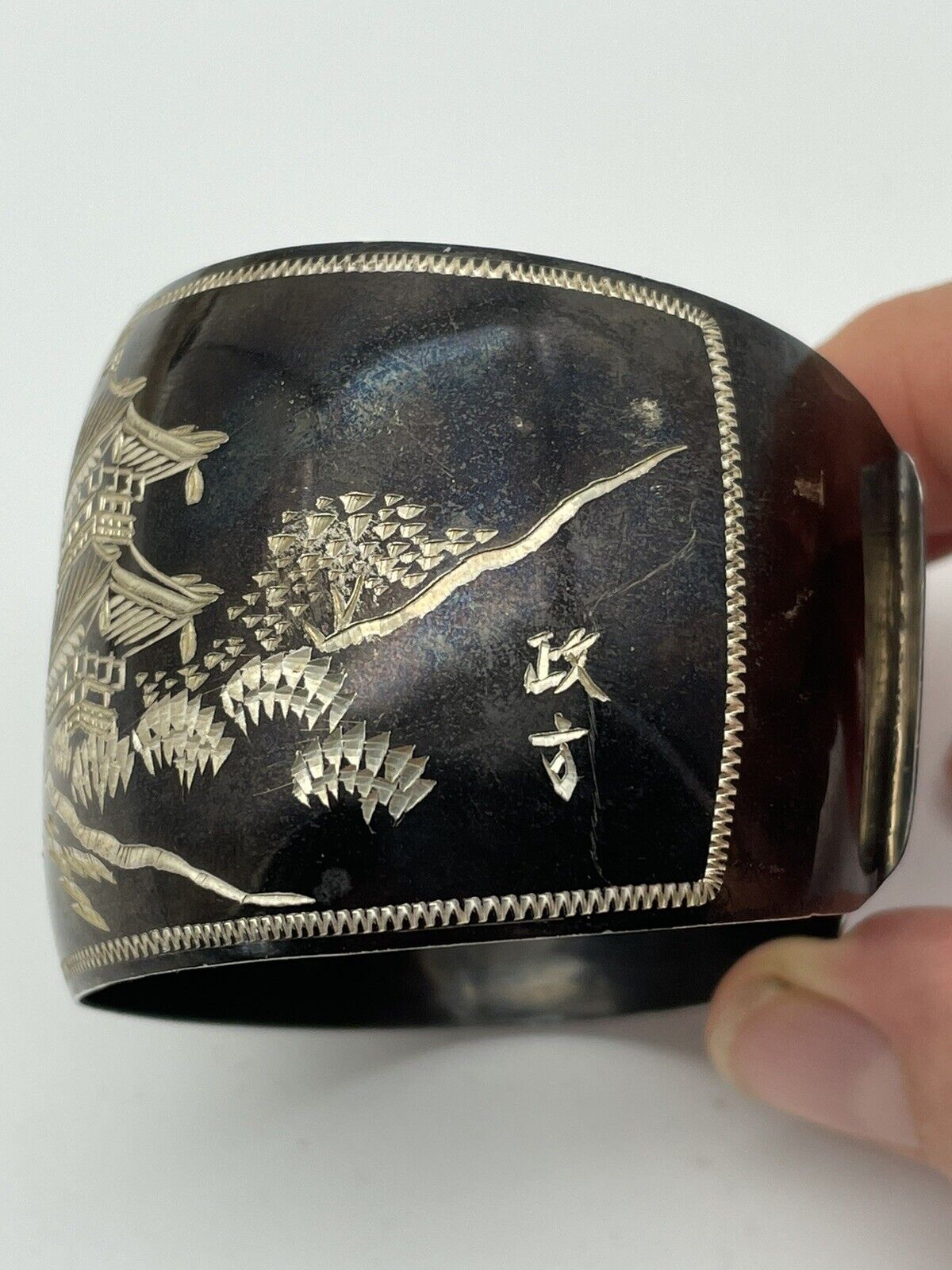 STERLING 950 Damascene Black Pagoda Silver Vintage Cuff Bracelet EXQUISITE SIGNED