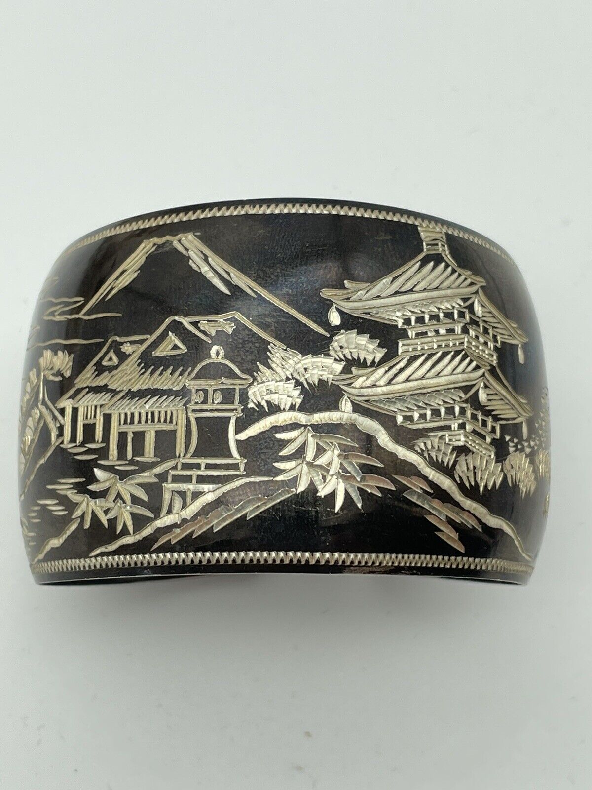 STERLING 950 Damascene Black Pagoda Silver Vintage Cuff Bracelet EXQUISITE SIGNED