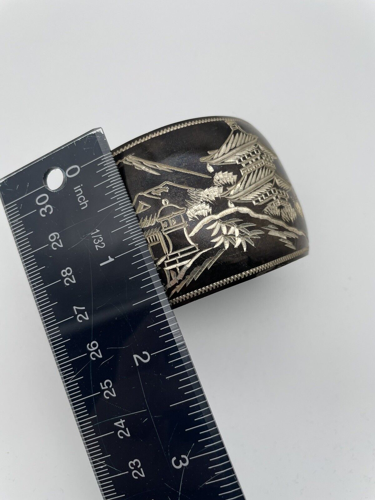 STERLING 950 Damascene Black Pagoda Silver Vintage Cuff Bracelet EXQUISITE SIGNED