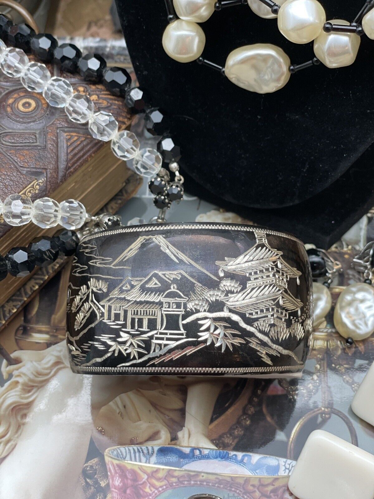 STERLING 950 Damascene Black Pagoda Silver Vintage Cuff Bracelet EXQUISITE SIGNED