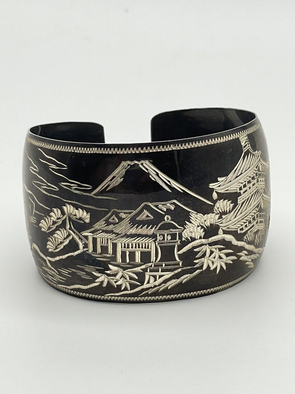 STERLING 950 Damascene Black Pagoda Silver Vintage Cuff Bracelet EXQUISITE SIGNED