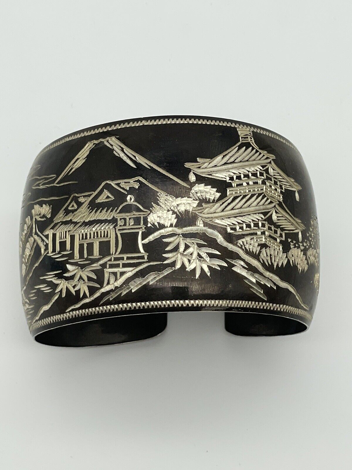 STERLING 950 Damascene Black Pagoda Silver Vintage Cuff Bracelet EXQUISITE SIGNED