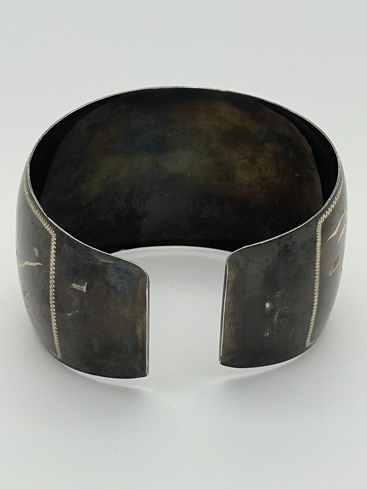 STERLING 950 Damascene Black Pagoda Silver Vintage Cuff Bracelet EXQUISITE SIGNED