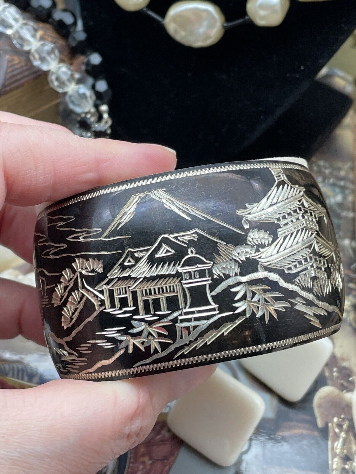 STERLING 950 Damascene Black Pagoda Silver Vintage Cuff Bracelet EXQUISITE SIGNED