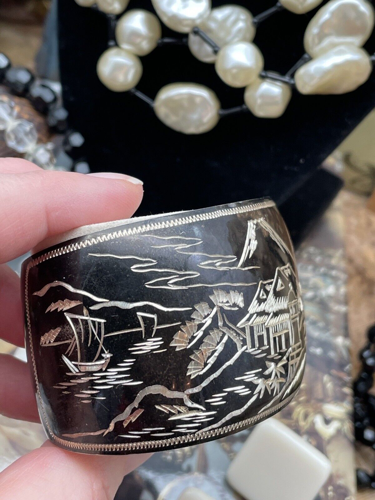 STERLING 950 Damascene Black Pagoda Silver Vintage Cuff Bracelet EXQUISITE SIGNED