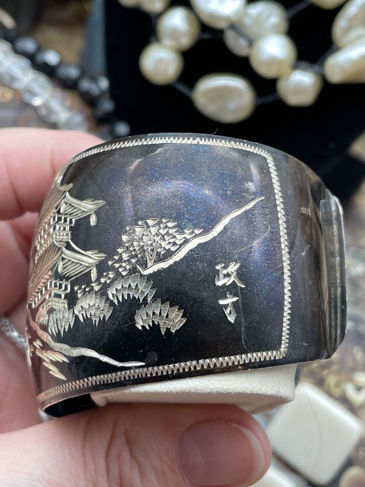 STERLING 950 Damascene Black Pagoda Silver Vintage Cuff Bracelet EXQUISITE SIGNED