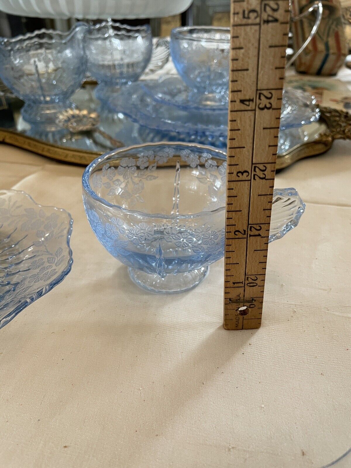 New Martinsville Radiance Ice Blue Etched Floral Design 1930s 3 Pc Luncheon Set RARE