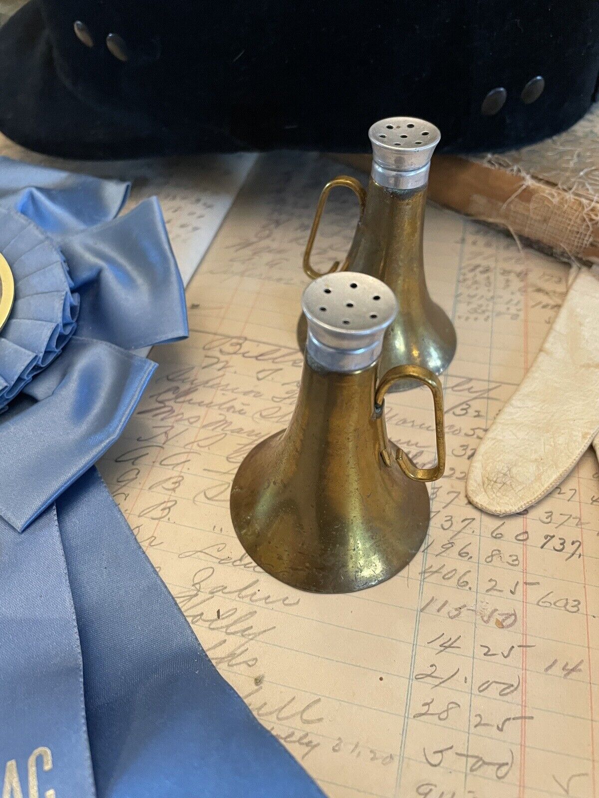 Brass Horn Salt & Pepper Equestrian PATINA VINTAGE