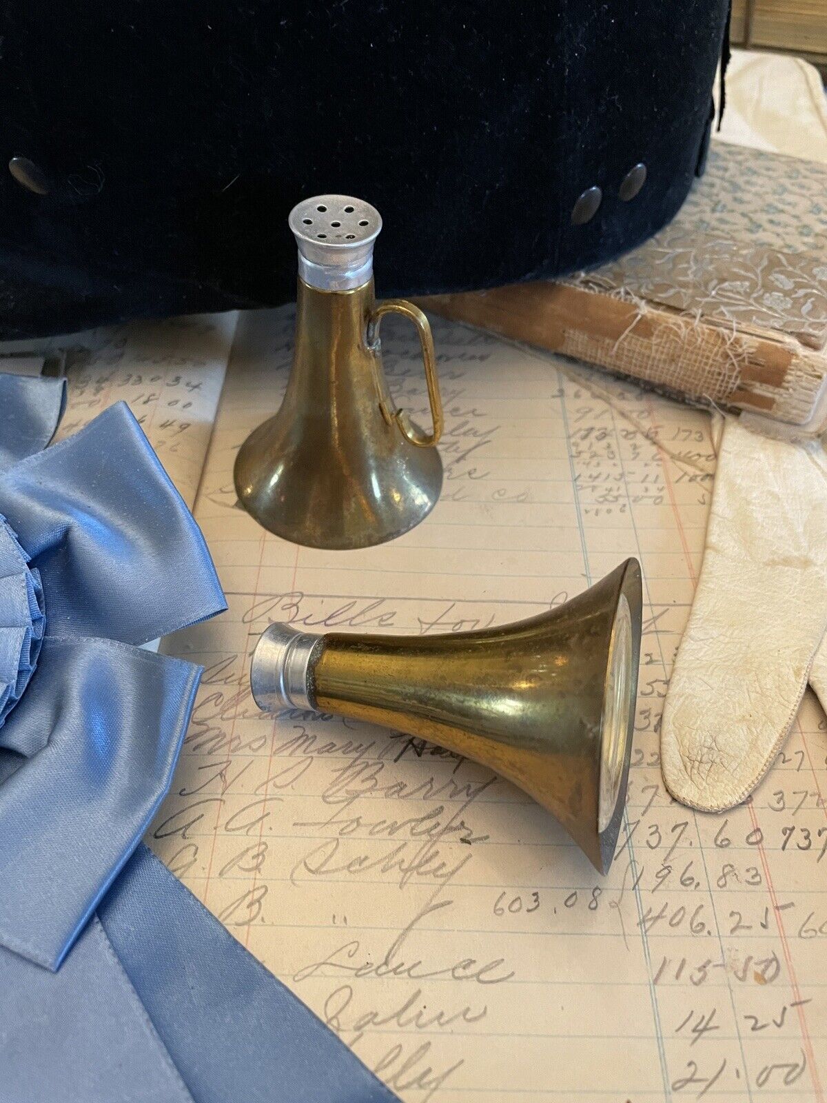Brass Horn Salt & Pepper Equestrian PATINA VINTAGE