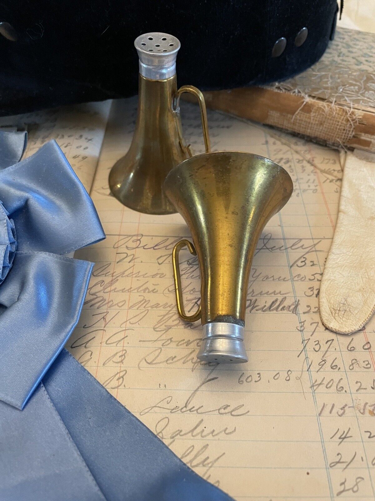 Brass Horn Salt & Pepper Equestrian PATINA VINTAGE