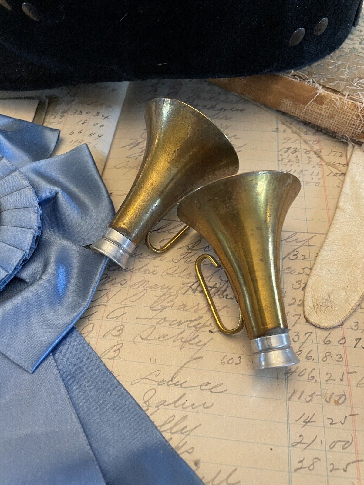 Brass Horn Salt & Pepper Equestrian PATINA VINTAGE