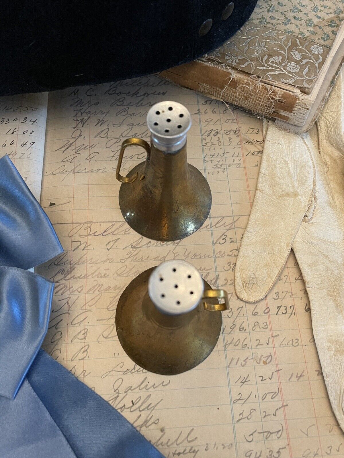Brass Horn Salt & Pepper Equestrian PATINA VINTAGE