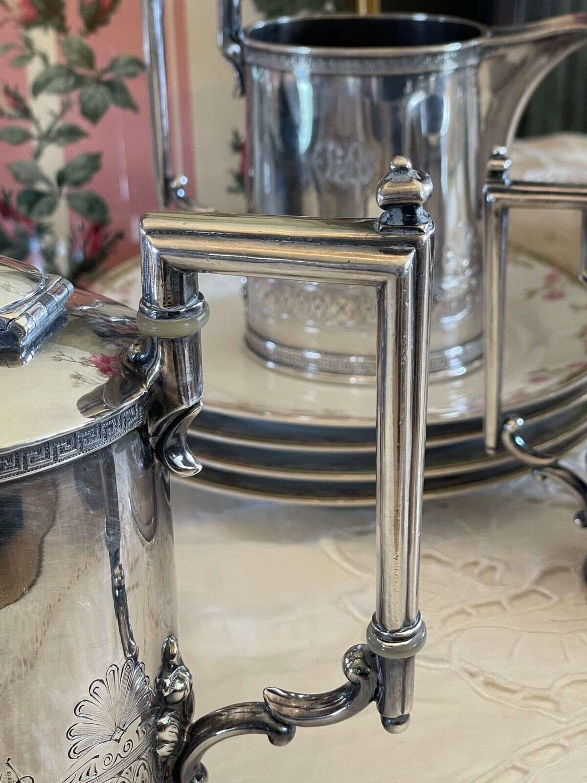 Antique Gothic Revival GOAT Greek Key 4 Pcs Tea Set Silverplate Reed & Barton Mono