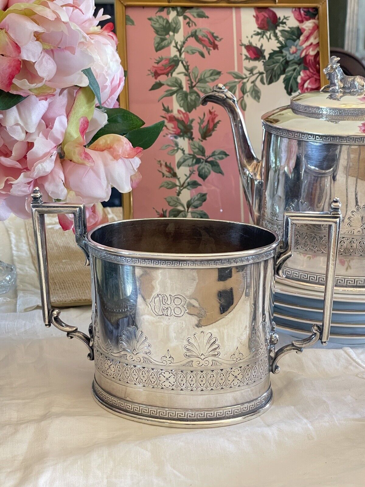 Antique Gothic Revival GOAT Greek Key 4 Pcs Tea Set Silverplate Reed & Barton Mono