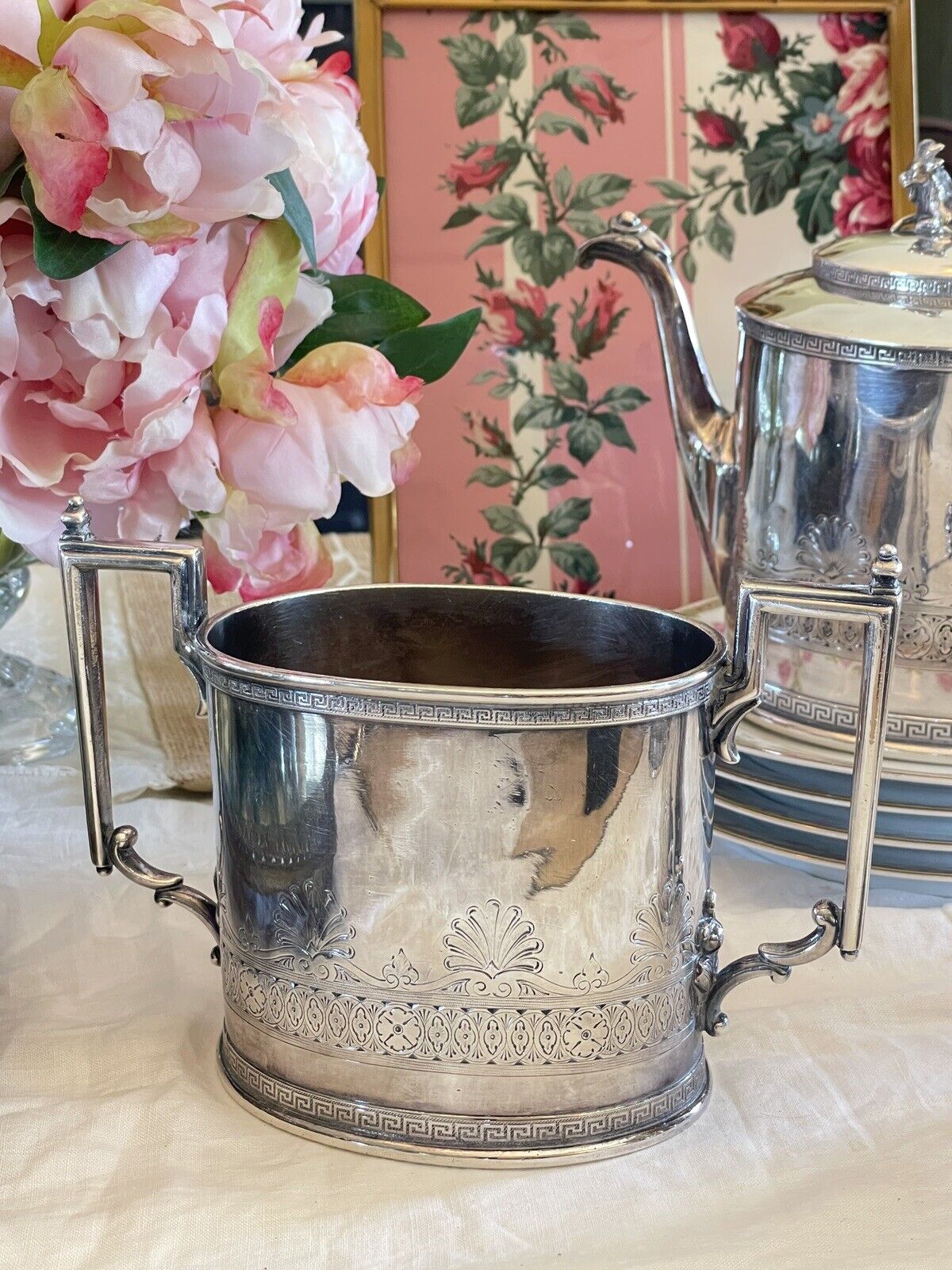 Antique Gothic Revival GOAT Greek Key 4 Pcs Tea Set Silverplate Reed & Barton Mono