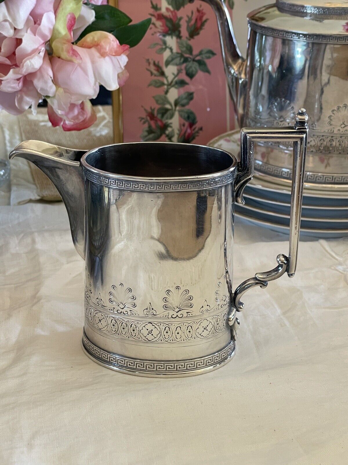 Antique Gothic Revival GOAT Greek Key 4 Pcs Tea Set Silverplate Reed & Barton Mono