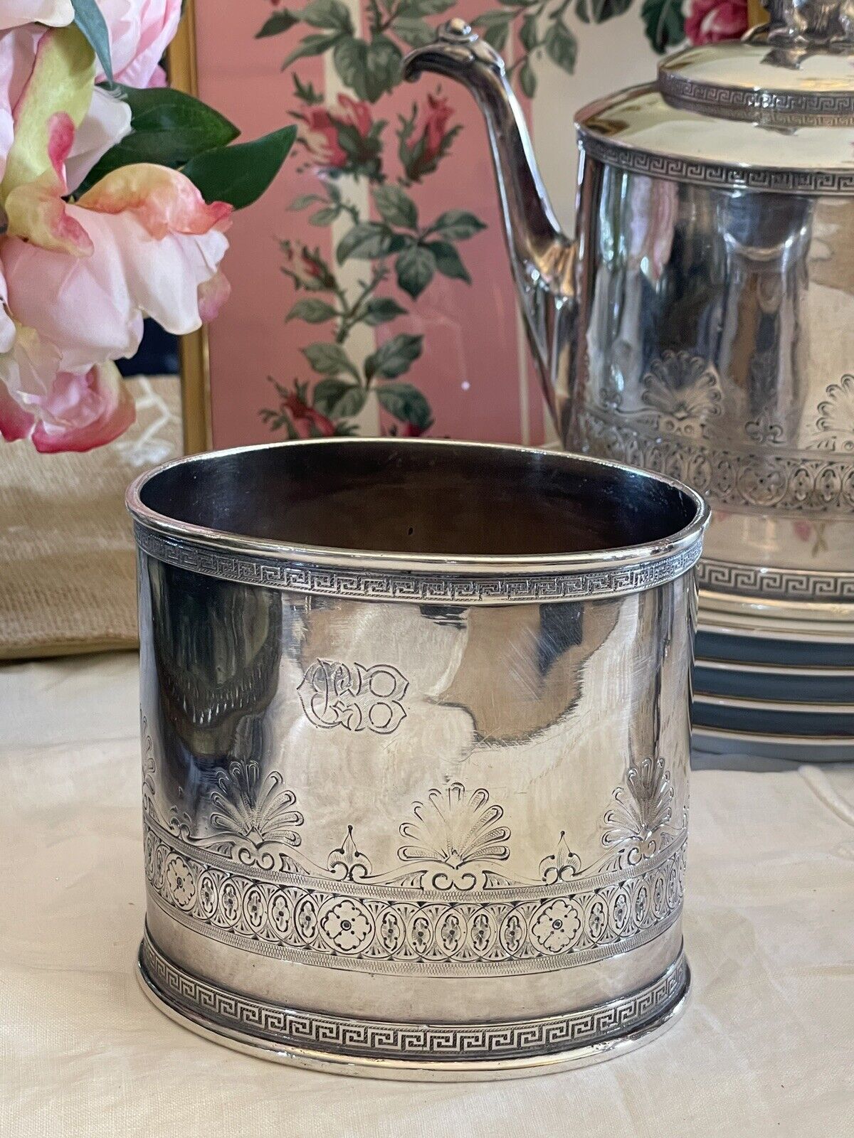 Antique Gothic Revival GOAT Greek Key 4 Pcs Tea Set Silverplate Reed & Barton Mono