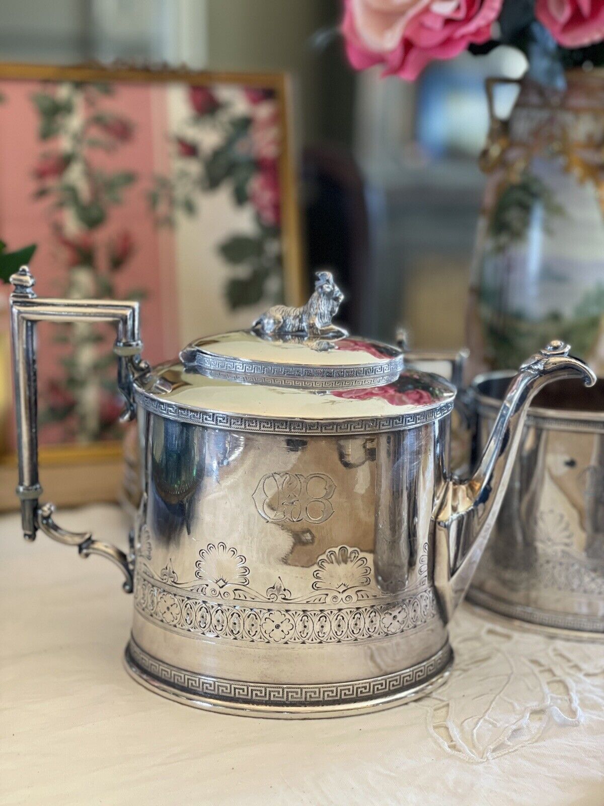 Antique Gothic Revival GOAT Greek Key 4 Pcs Tea Set Silverplate Reed & Barton Mono