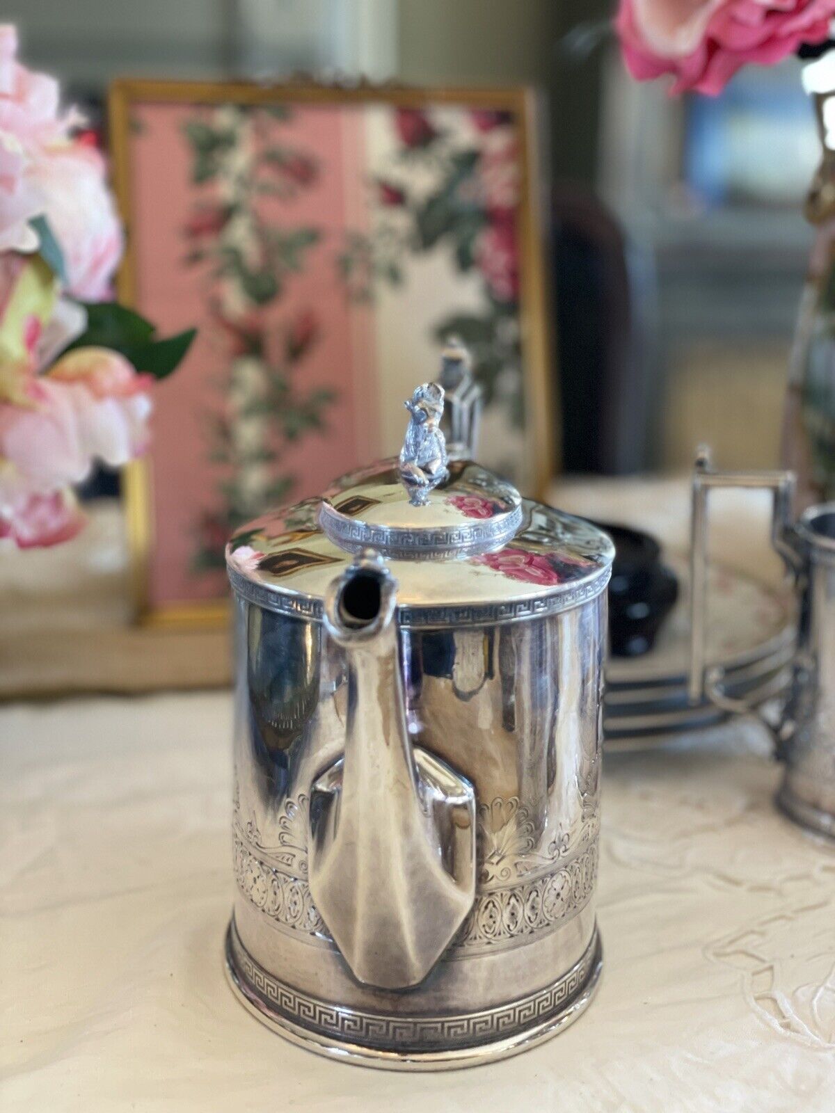 Antique Gothic Revival GOAT Greek Key 4 Pcs Tea Set Silverplate Reed & Barton Mono