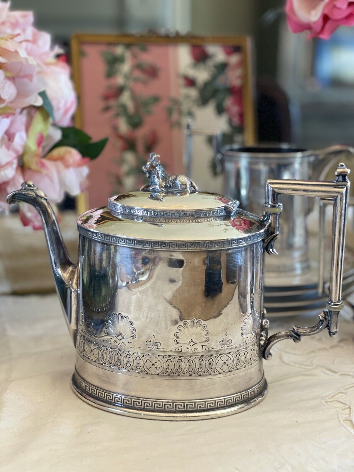Antique Gothic Revival GOAT Greek Key 4 Pcs Tea Set Silverplate Reed & Barton Mono
