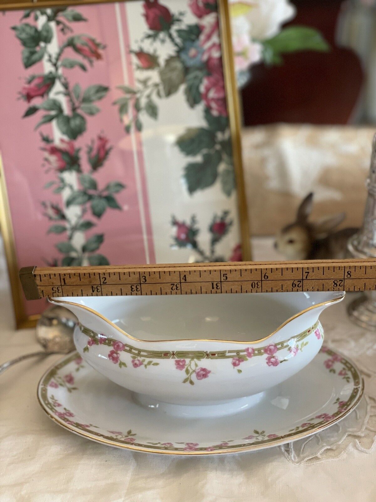 Pink Rose Floral Gold Rim Gravy Boat ZS & Co China Zeh Scherzer VINTAGE