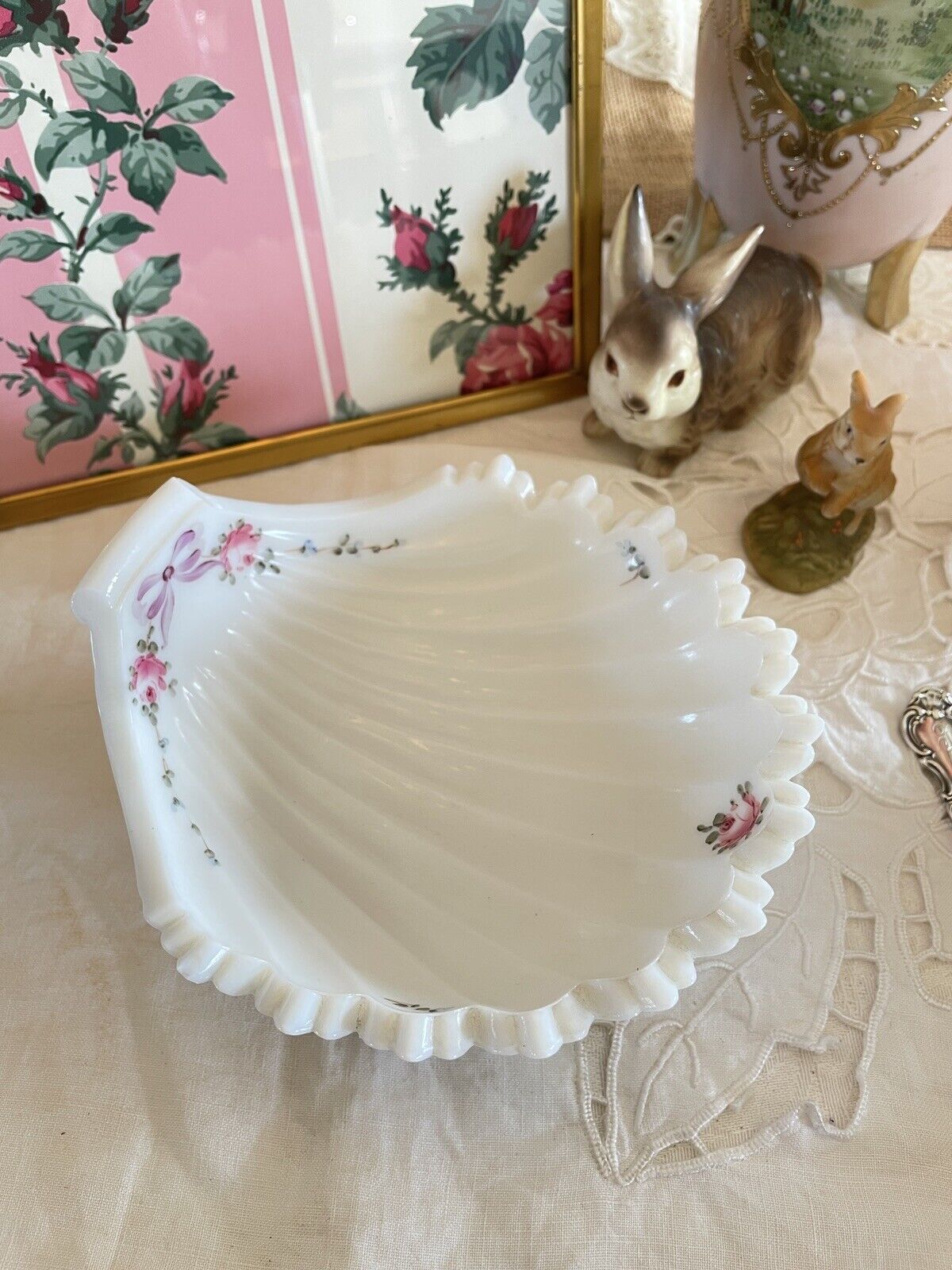 Vintage Milk Glass Shell Dish Bowl Hand Painted Roses & Bow