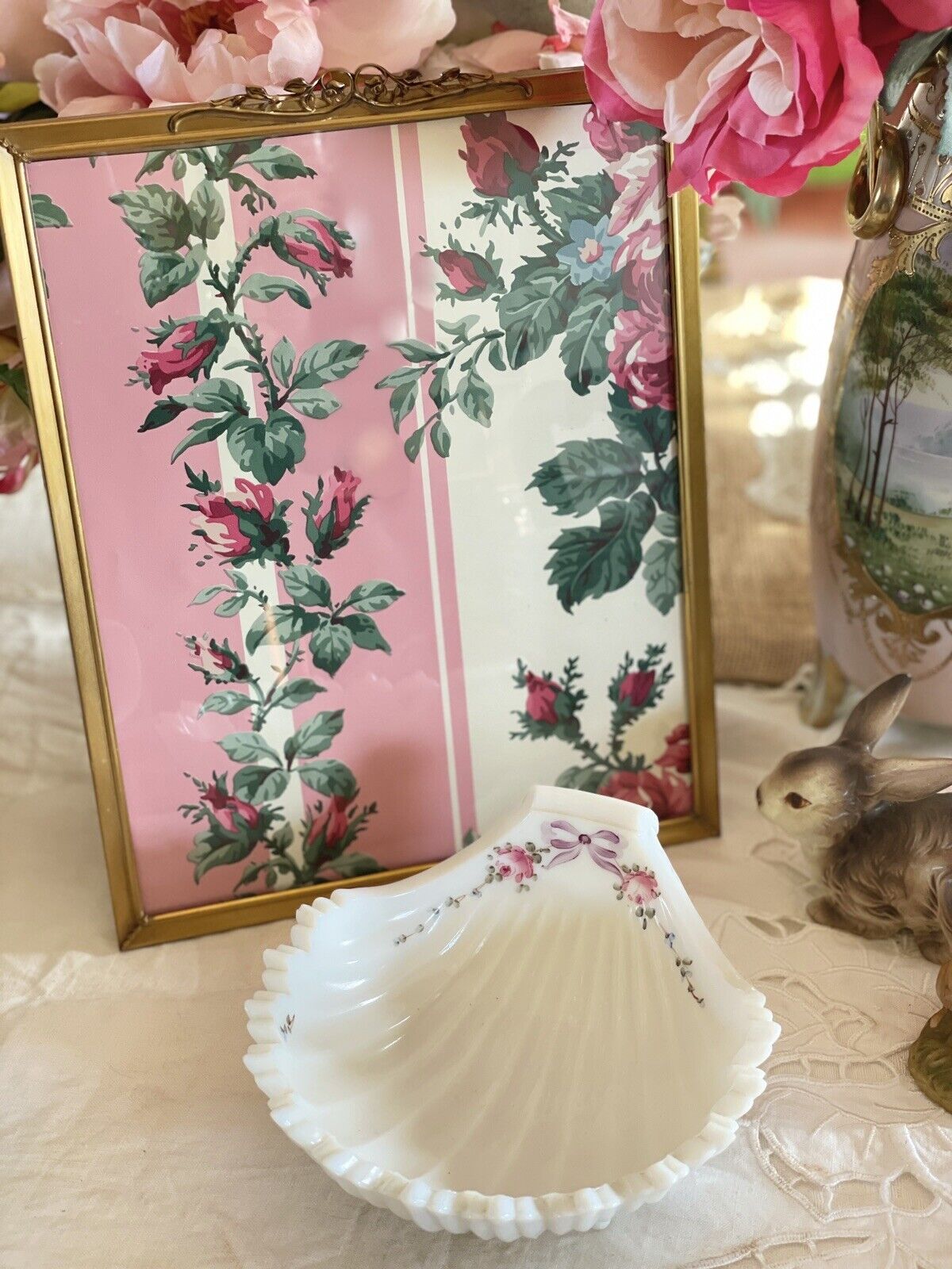 Vintage Milk Glass Shell Dish Bowl Hand Painted Roses & Bow