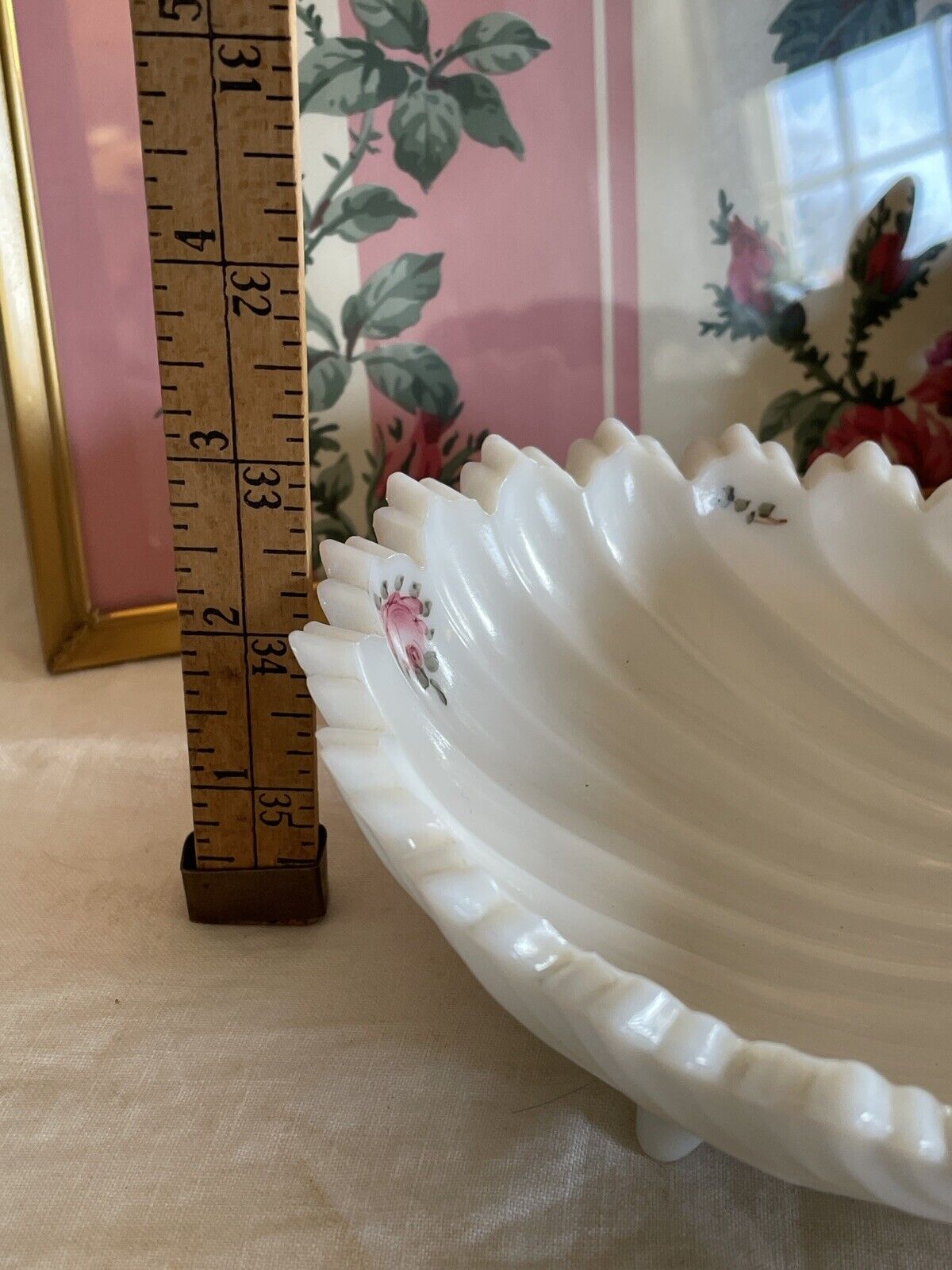 Vintage Milk Glass Shell Dish Bowl Hand Painted Roses & Bow