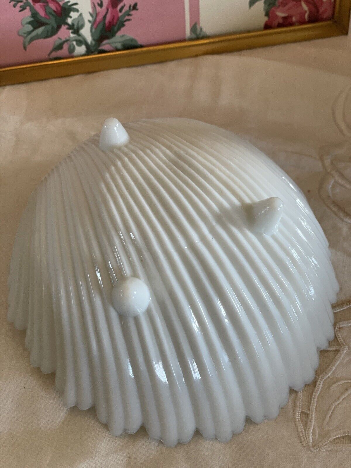 Vintage Milk Glass Shell Dish Bowl Hand Painted Roses & Bow