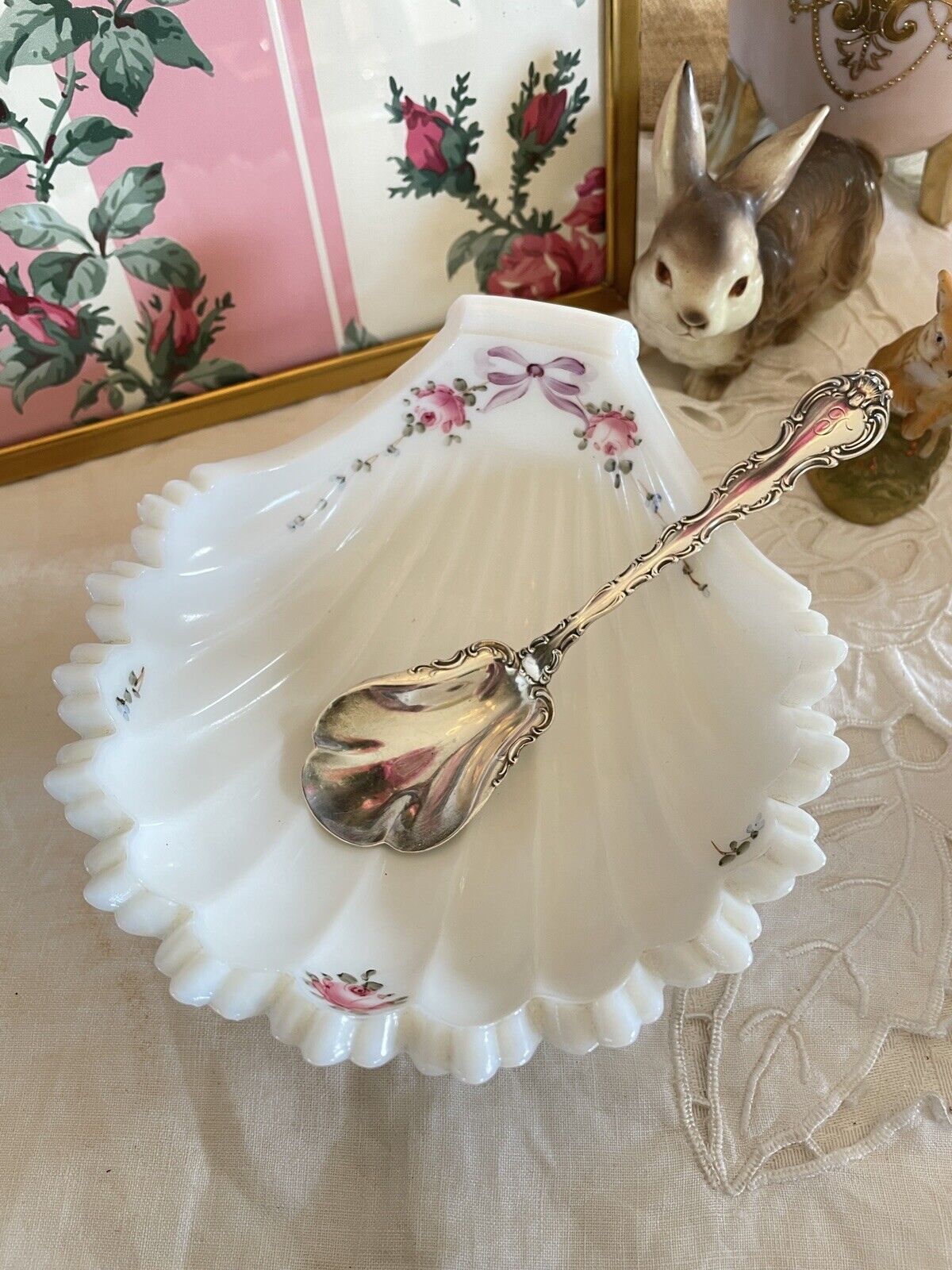 Vintage Milk Glass Shell Dish Bowl Hand Painted Roses & Bow