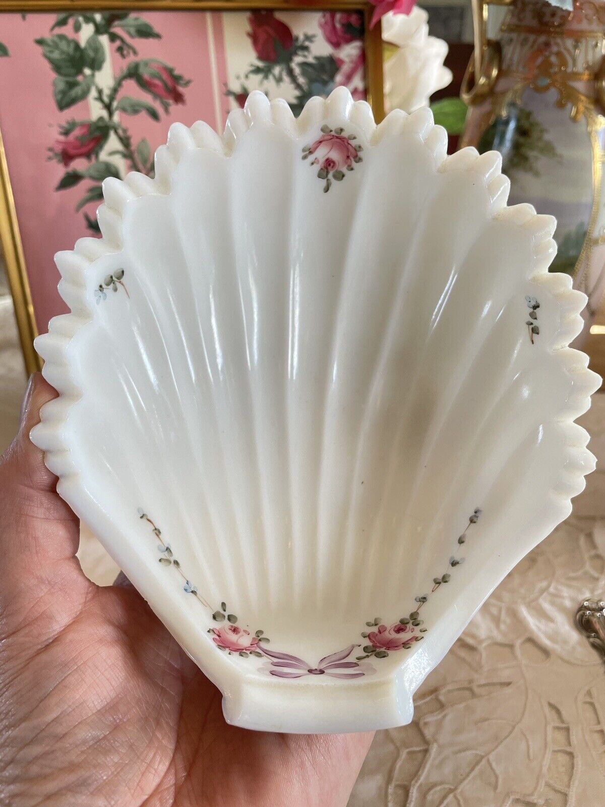 Vintage Milk Glass Shell Dish Bowl Hand Painted Roses & Bow