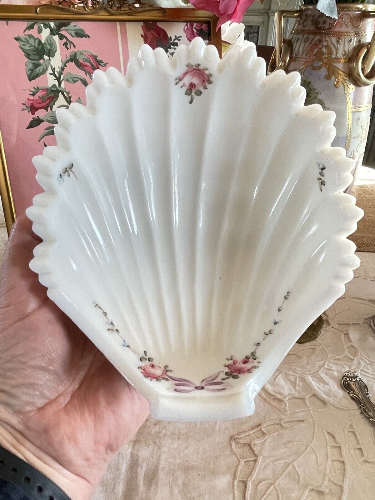 Vintage Milk Glass Shell Dish Bowl Hand Painted Roses & Bow