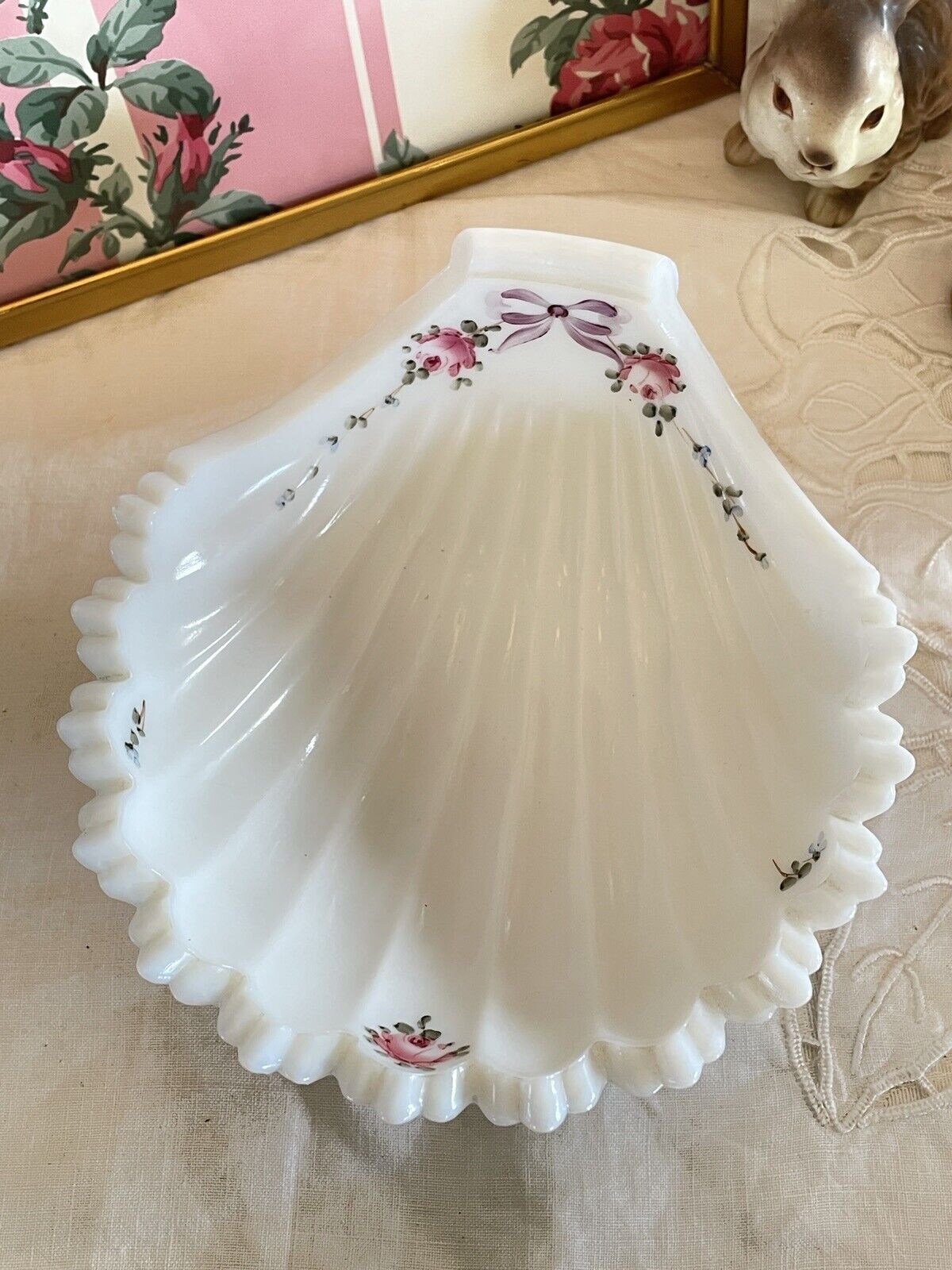 Vintage Milk Glass Shell Dish Bowl Hand Painted Roses & Bow