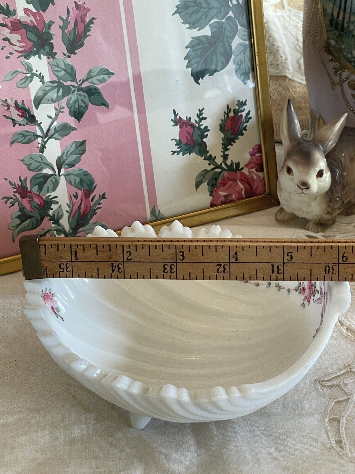 Vintage Milk Glass Shell Dish Bowl Hand Painted Roses & Bow