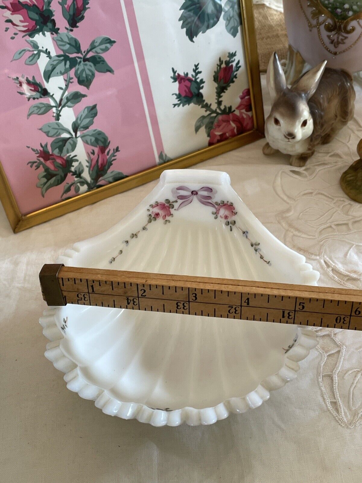 Vintage Milk Glass Shell Dish Bowl Hand Painted Roses & Bow