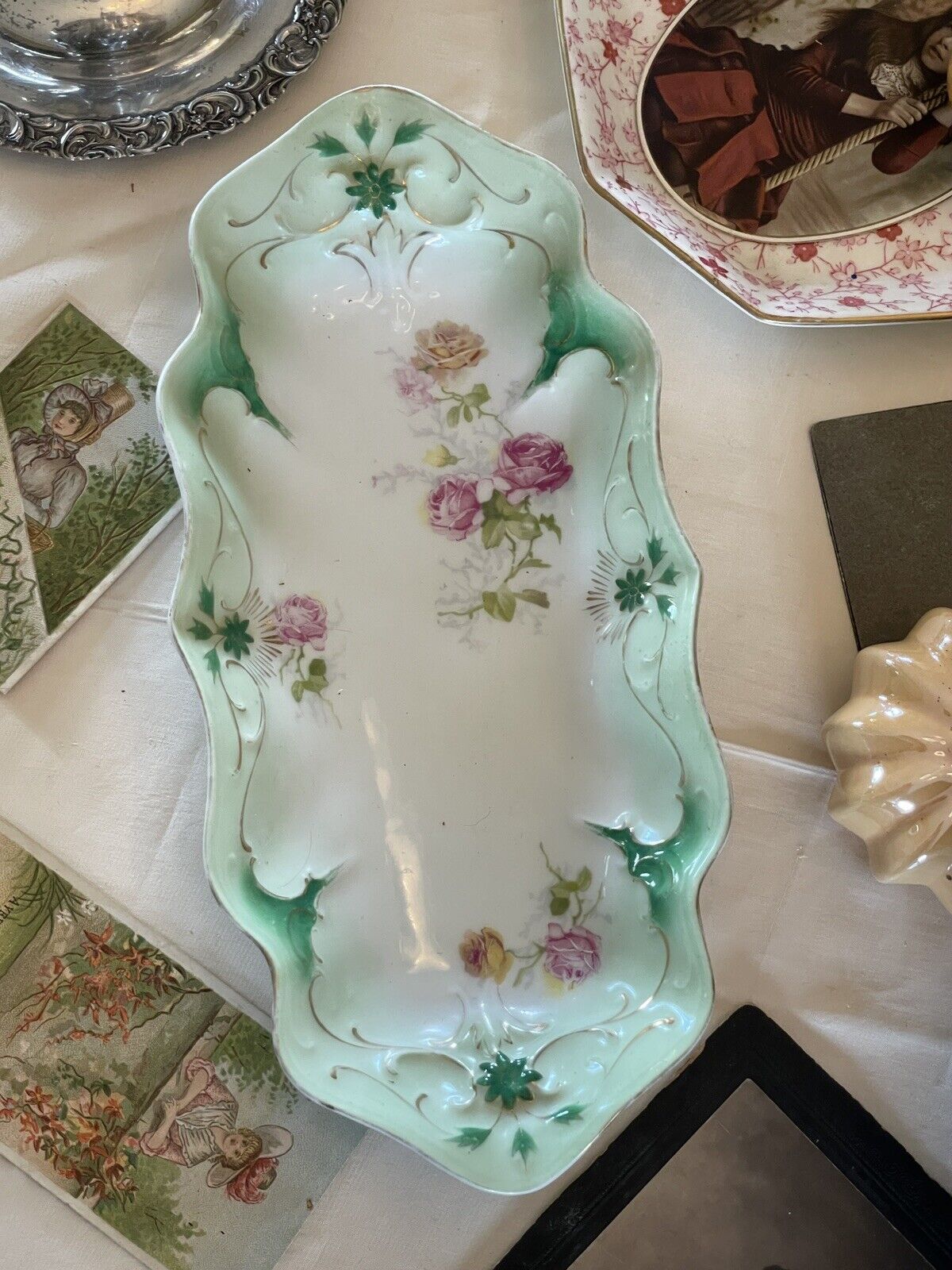 Antique Victorian Carl Tielsch Celery Dish Roses With Green Border