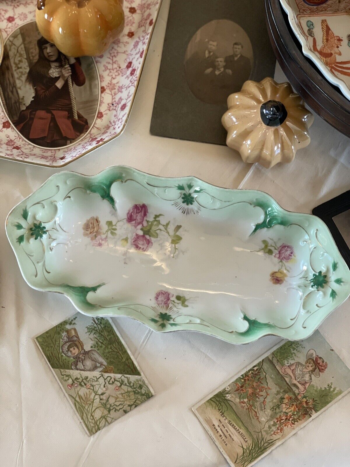 Antique Victorian Carl Tielsch Celery Dish Roses With Green Border