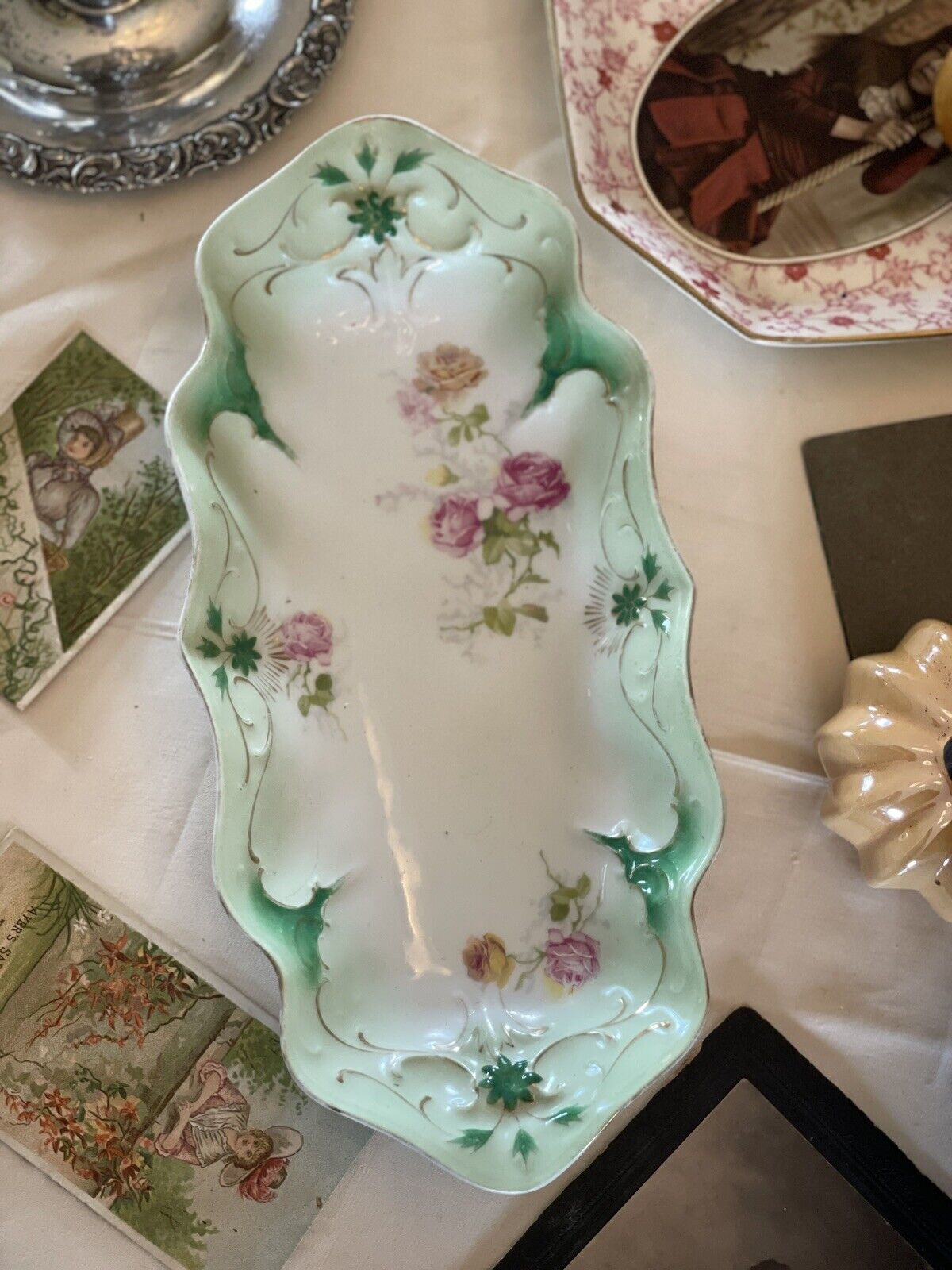 Antique Victorian Carl Tielsch Celery Dish Roses With Green Border