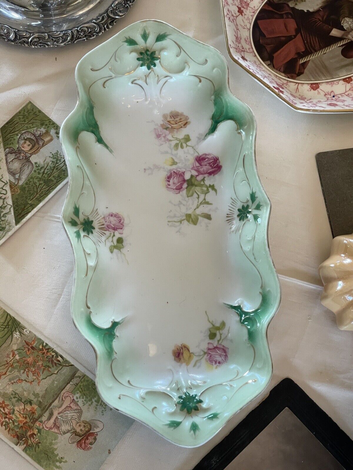 Antique Victorian Carl Tielsch Celery Dish Roses With Green Border