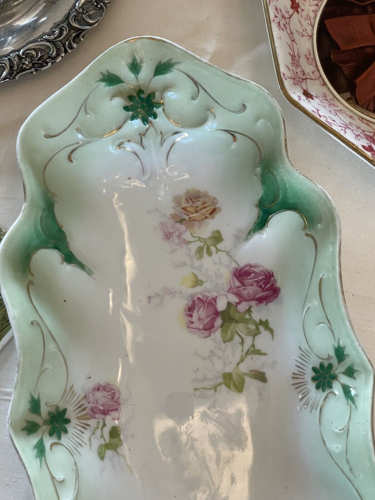Antique Victorian Carl Tielsch Celery Dish Roses With Green Border