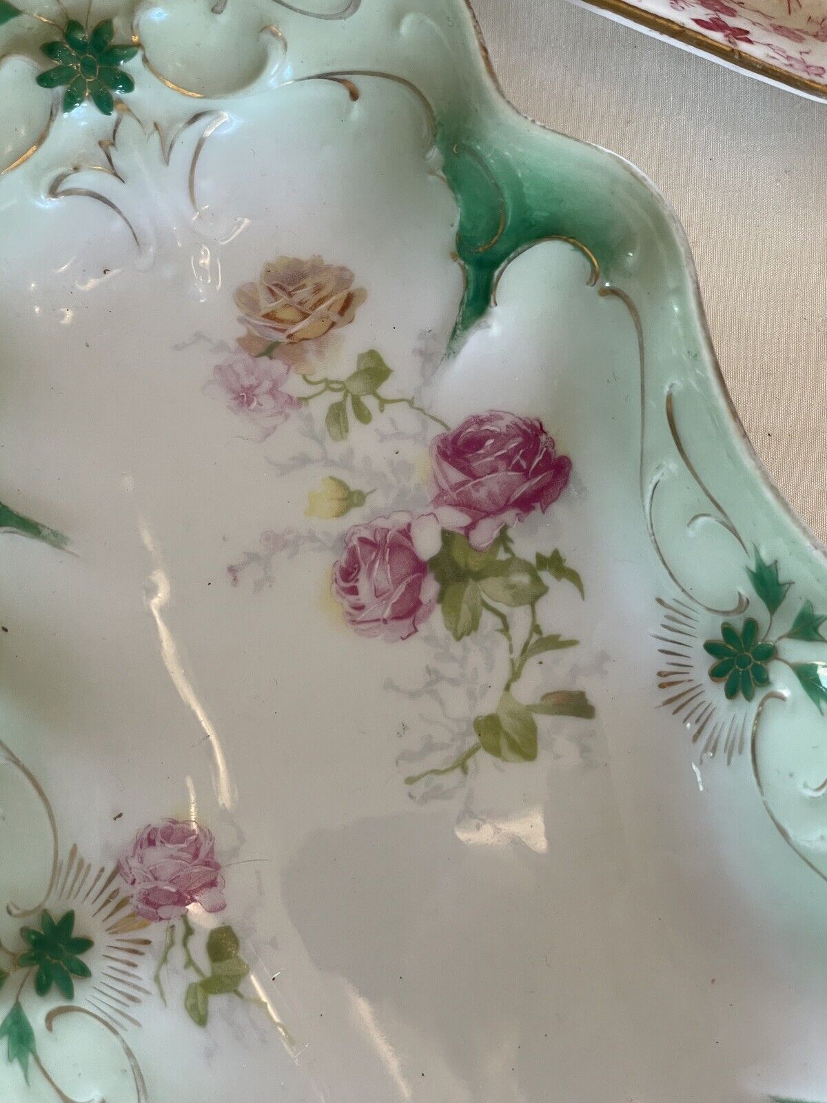 Antique Victorian Carl Tielsch Celery Dish Roses With Green Border